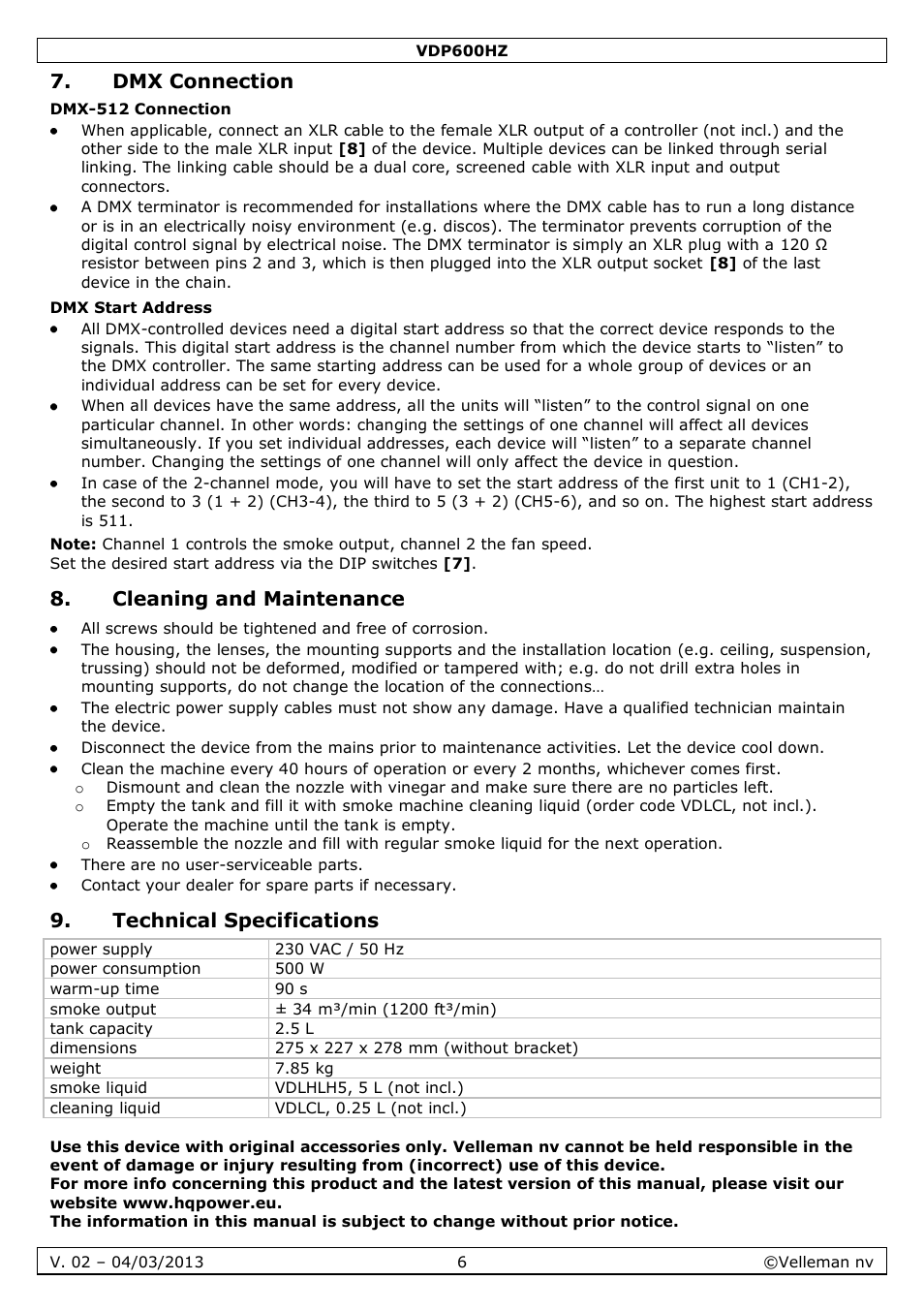 Dmx connection, Dmx-512 connection, Dmx start address | Cleaning and maintenance, Technical specifications | Velleman VDP600HZ User Manual | Page 6 / 26