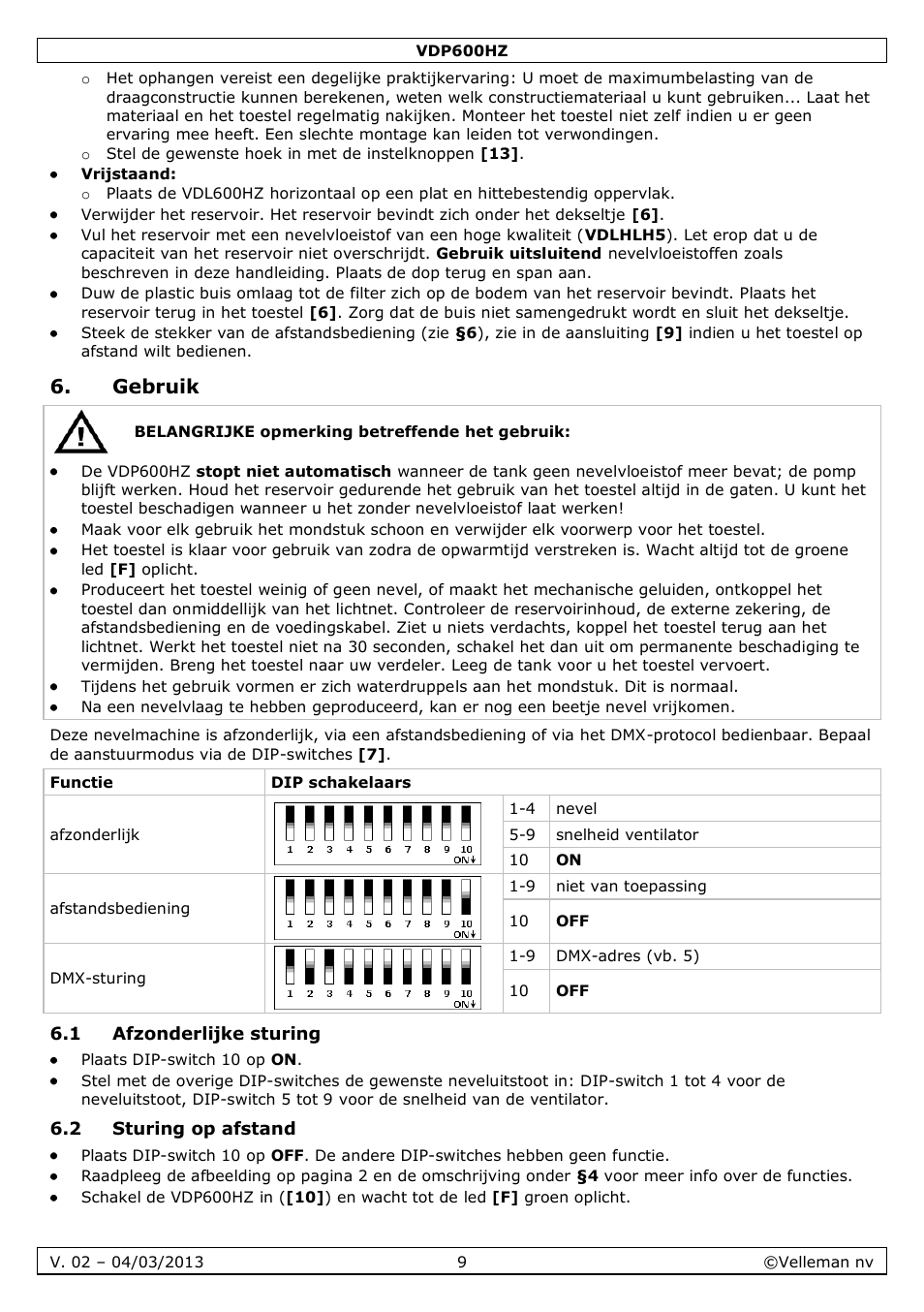Gebruik, 1 afzonderlijke sturing, 2 sturing op afstand | Velleman VDP600HZ User Manual | Page 9 / 26