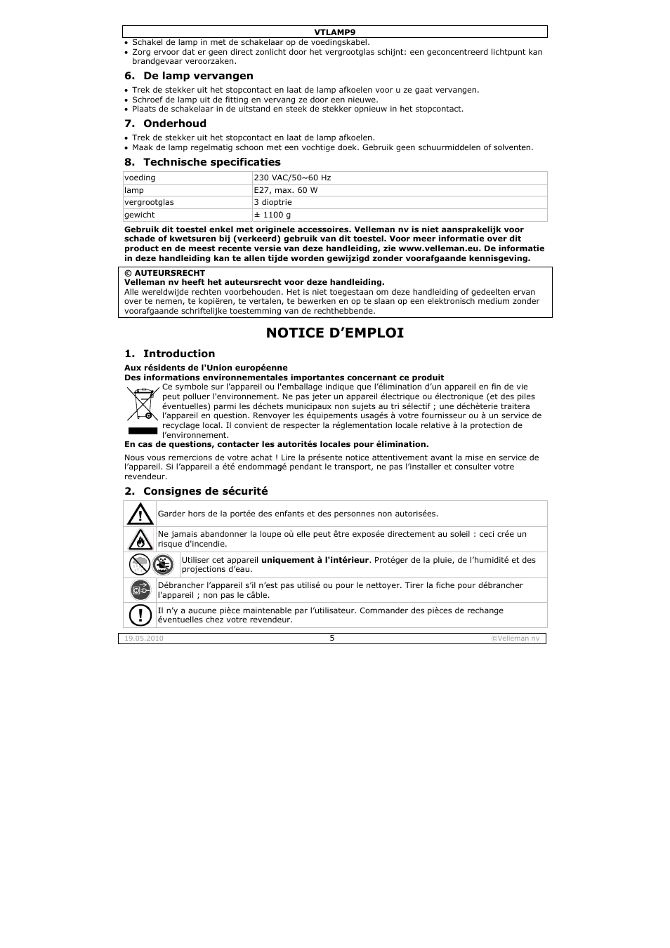 Otice d, Emploi | Velleman VTLAMP9 User Manual | Page 5 / 12