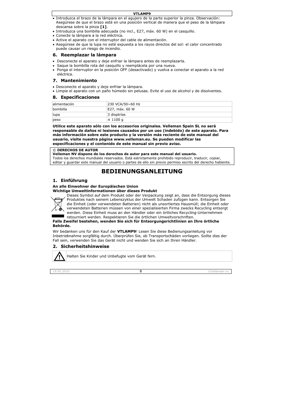 Bedie, Enungs, Anleitu | Velleman VTLAMP9 User Manual | Page 8 / 12