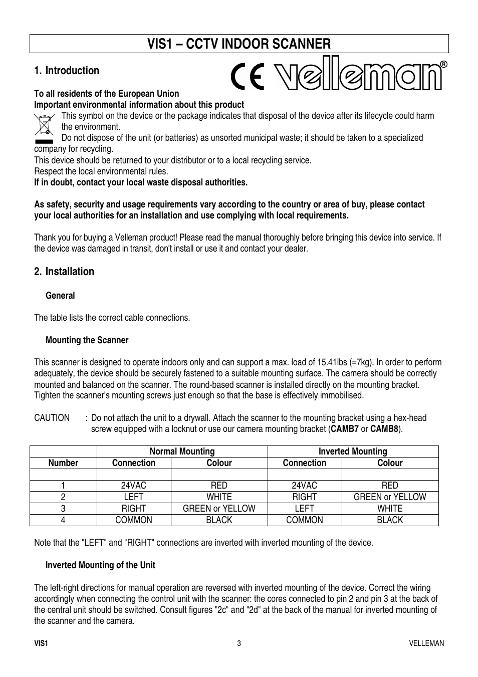 Vis1 – cctv indoor scanner | Velleman VIS1 User Manual | Page 3 / 15