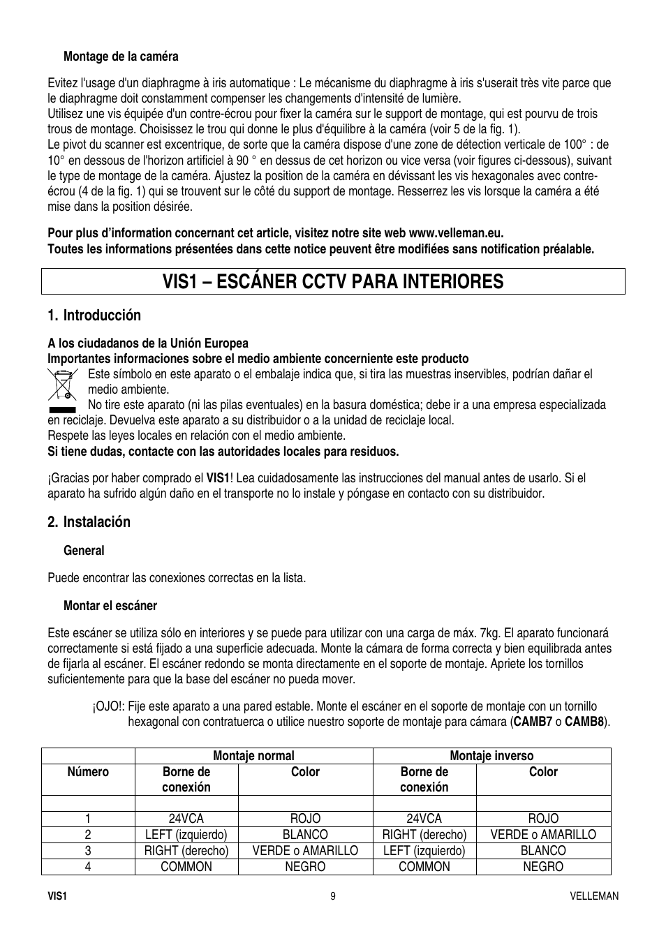 Vis1 – escáner cctv para interiores, Introducción, Instalación | Velleman VIS1 User Manual | Page 9 / 15