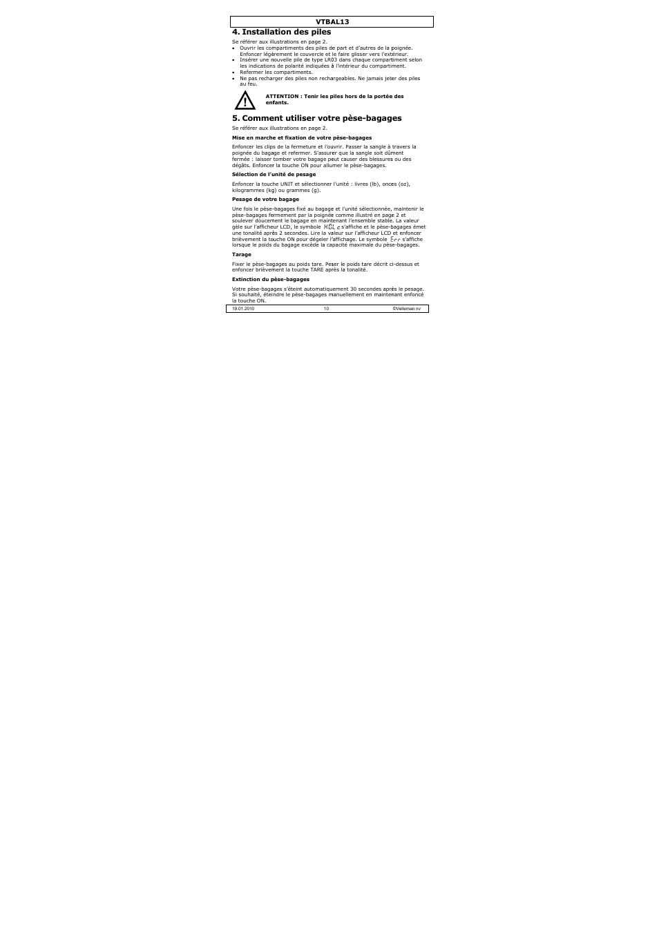 Installa, Comme, Ation des piles | Ent utiliser votr, Re pèse-bagag | Velleman VTBAL13 User Manual | Page 10 / 32