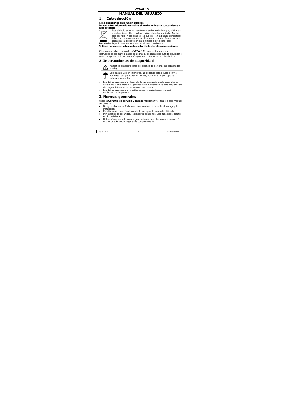 Intro, Instruc, Normas | Manual del oducción, Cciones de seg, S generales, L usuario, Uridad | Velleman VTBAL13 User Manual | Page 12 / 32