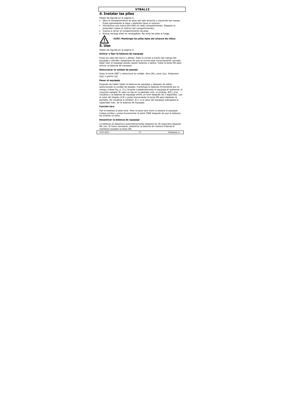 Instala, R las pilas | Velleman VTBAL13 User Manual | Page 13 / 32