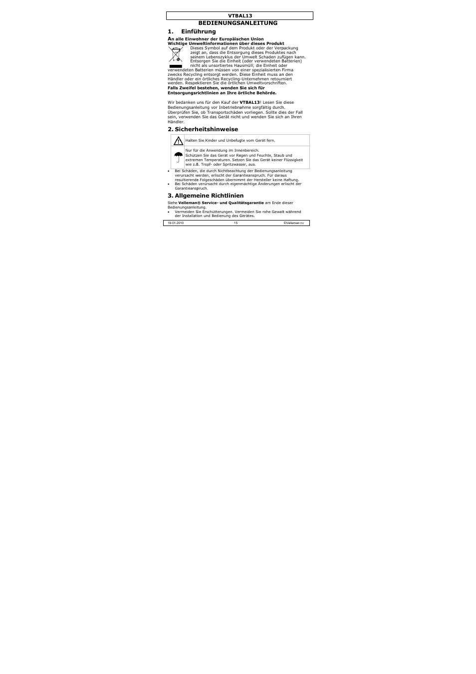 Einfü, Sicherh, Allgeme | Bedienungs hrung, Heitshinweise, Eine richtlinie, Sanleitung | Velleman VTBAL13 User Manual | Page 15 / 32