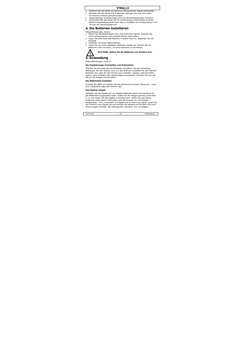 Die bat, Anwend, Terien installie | Dung, Eren | Velleman VTBAL13 User Manual | Page 16 / 32