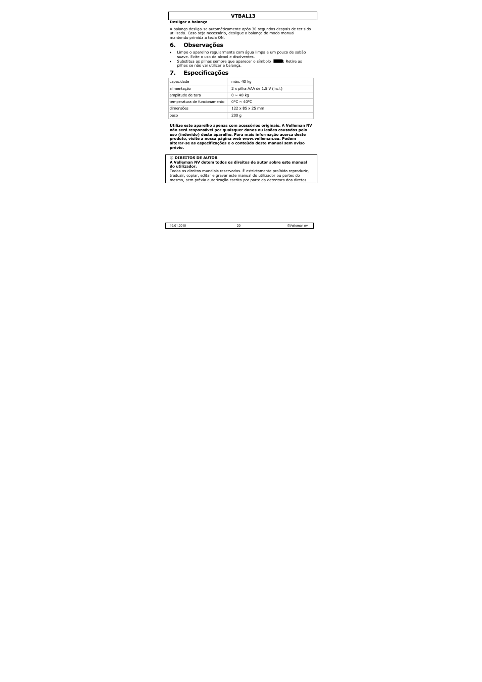 Obse, Espec, Rvações | Cificações | Velleman VTBAL13 User Manual | Page 20 / 32