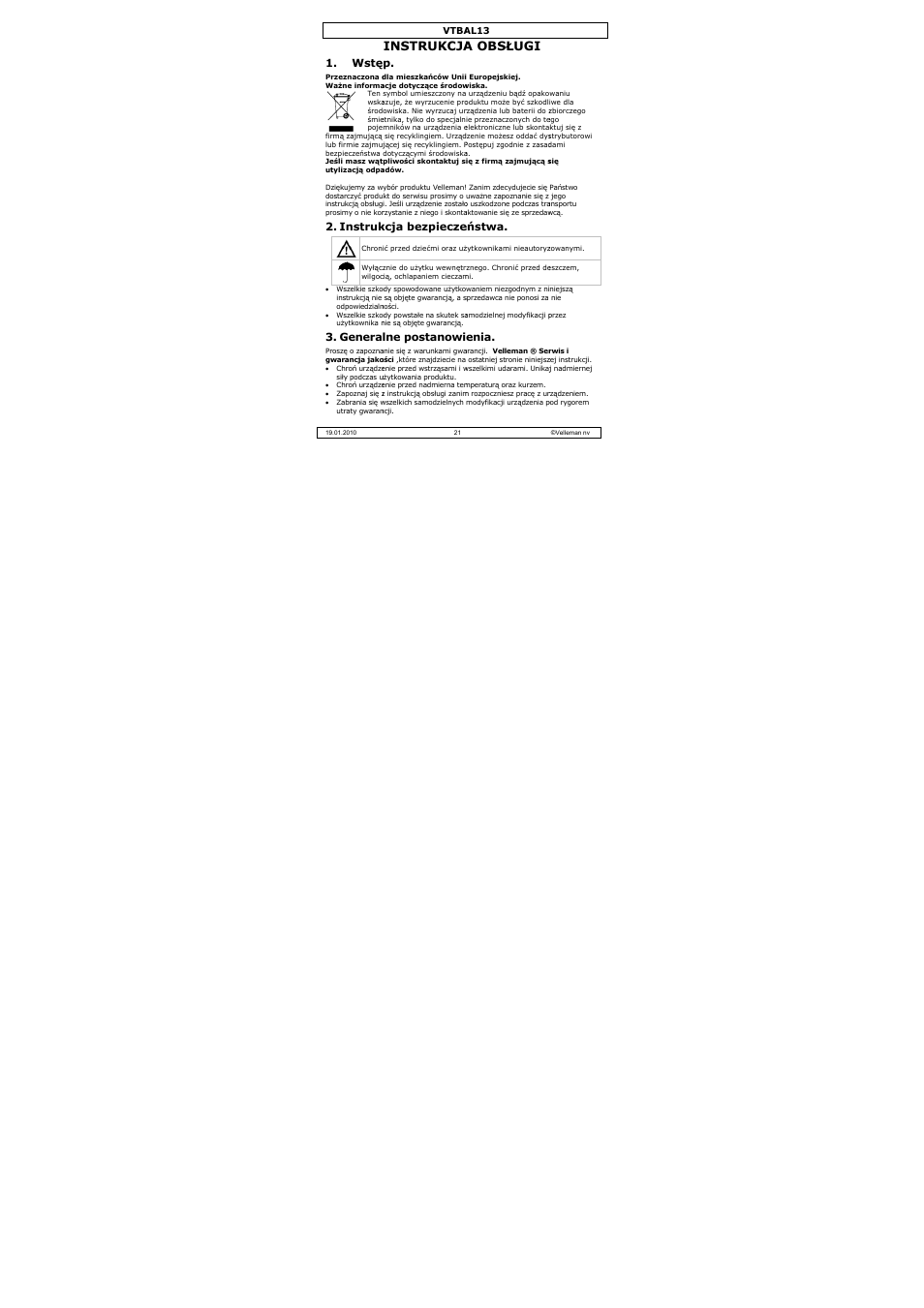 Instrukcja, A obsługi, Wstę | Instruk, Genera, Kcja bezpiecze, Lne postanowi, Eństwa, Enia | Velleman VTBAL13 User Manual | Page 21 / 32