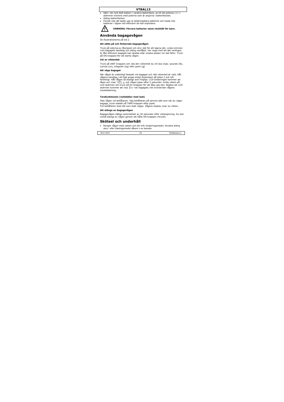 Använda, Skötsel oc, Bagagevågen | Ch underhåll | Velleman VTBAL13 User Manual | Page 25 / 32