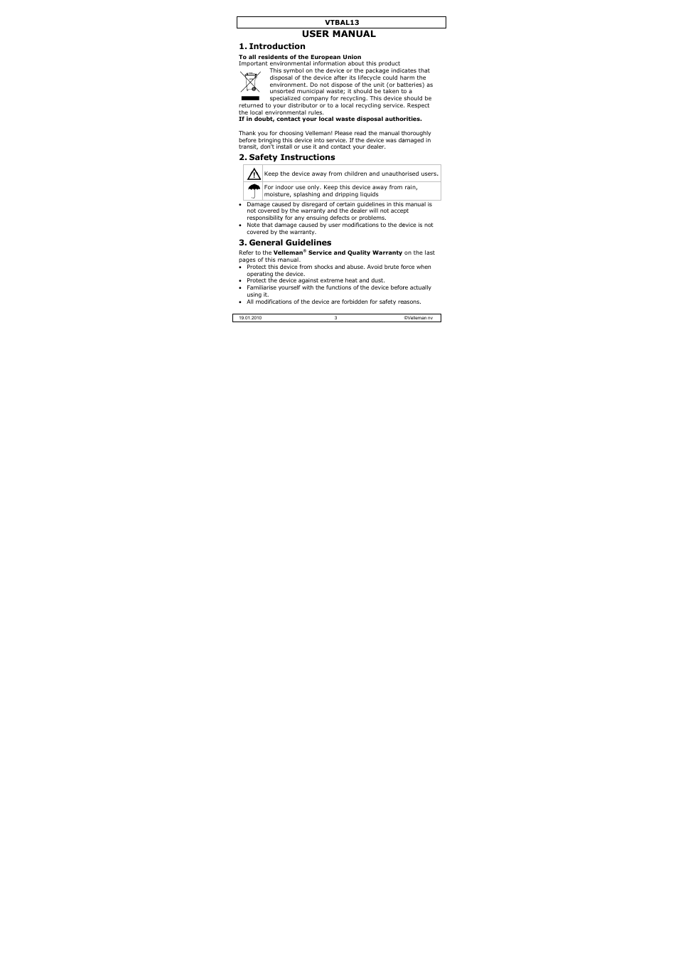 User ma, Anual | Velleman VTBAL13 User Manual | Page 3 / 32