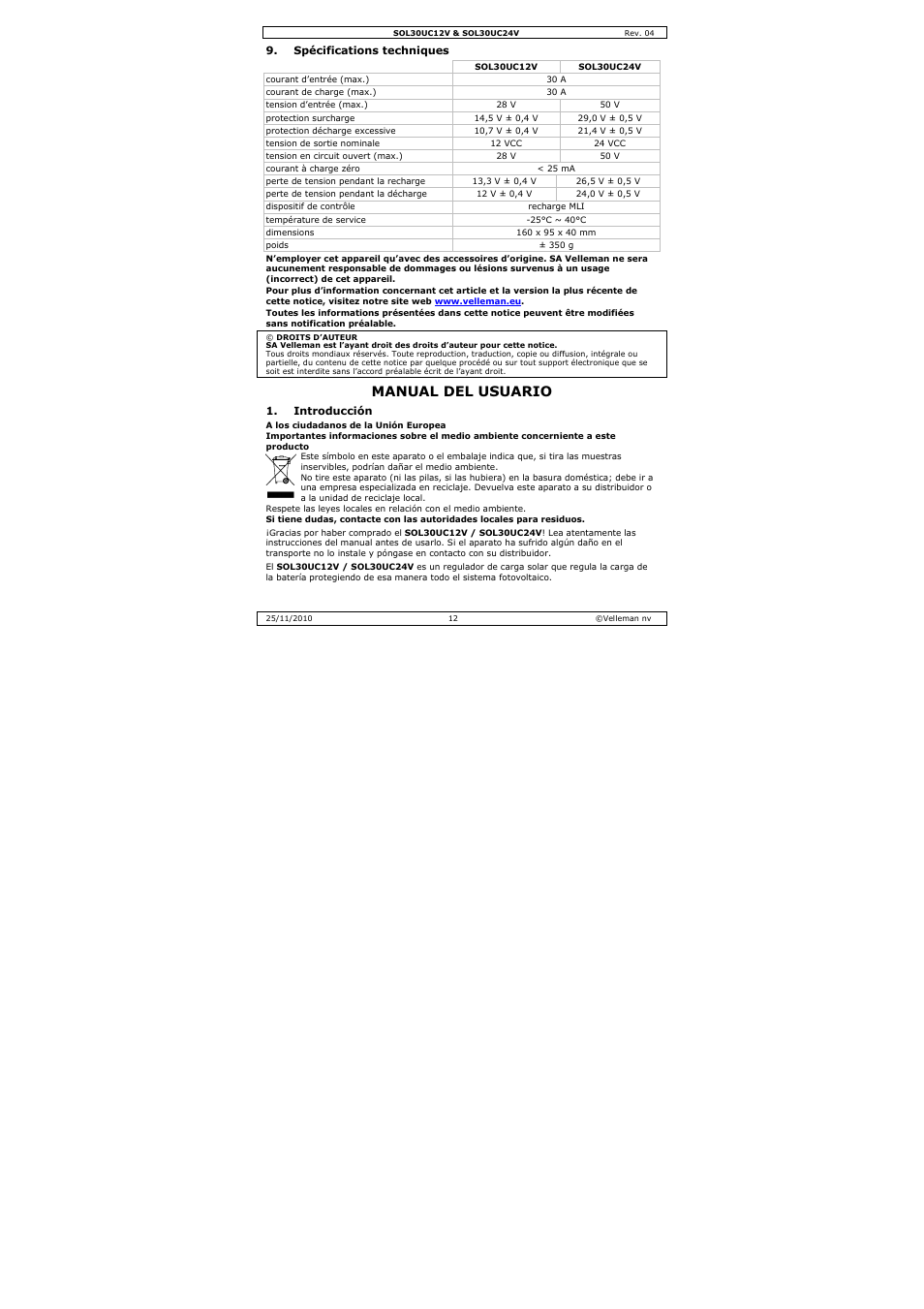 Manual del usuario | Velleman SOL30UC12V User Manual | Page 12 / 22