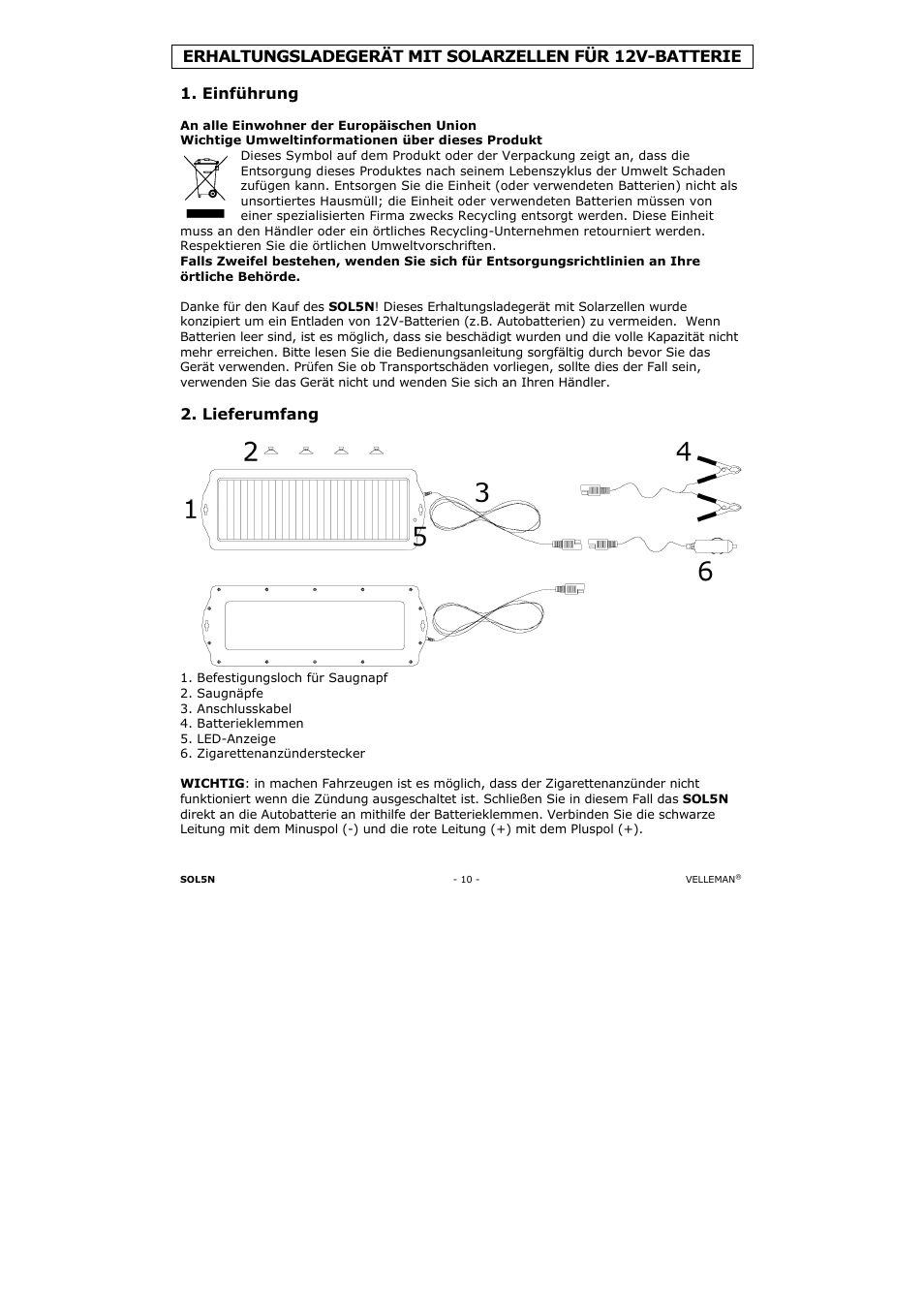 Einführung, Lieferumfang | Velleman SOL5N User Manual | Page 10 / 18