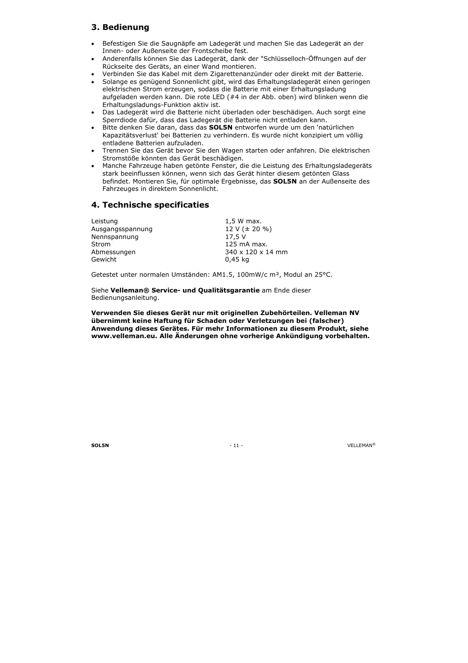 Bedienung, Technische specificaties | Velleman SOL5N User Manual | Page 11 / 18