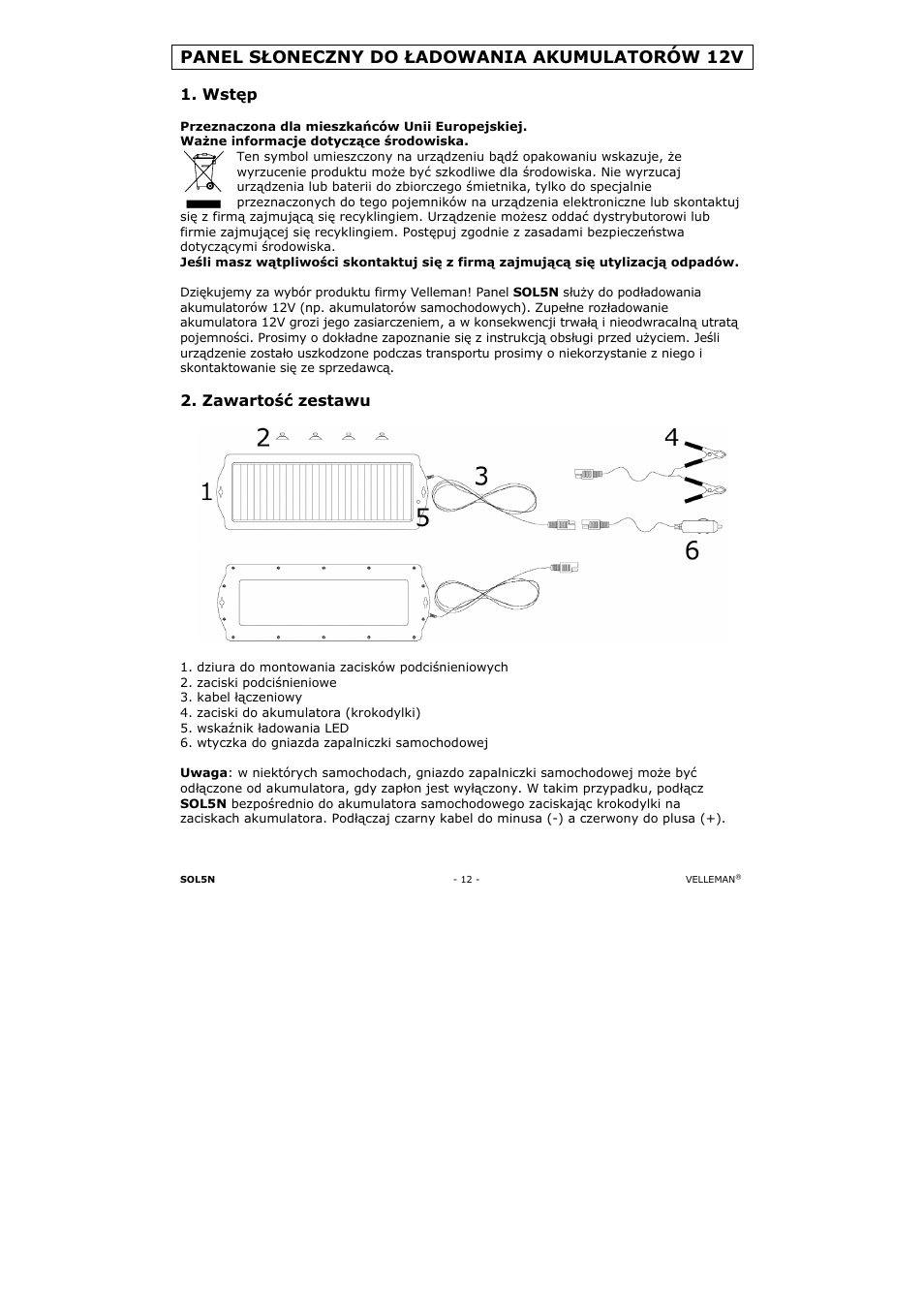 Panel słoneczny do ładowania akumulatorów 12v, Wstęp, Zawartość zestawu | Velleman SOL5N User Manual | Page 12 / 18