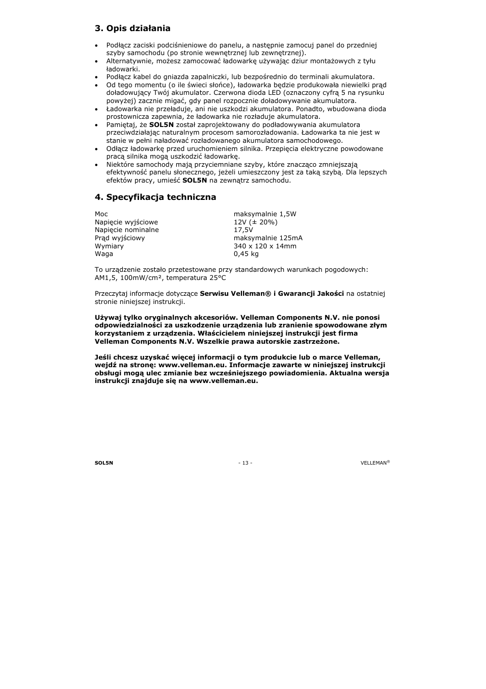 Opis działania, Specyfikacja techniczna | Velleman SOL5N User Manual | Page 13 / 18