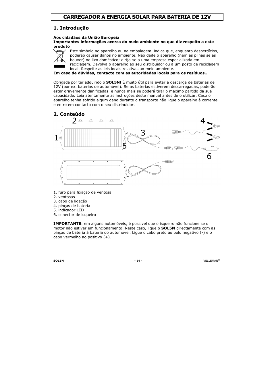 Carregador a energia solar para bateria de 12v, Introdução, Conteúdo | Velleman SOL5N User Manual | Page 14 / 18