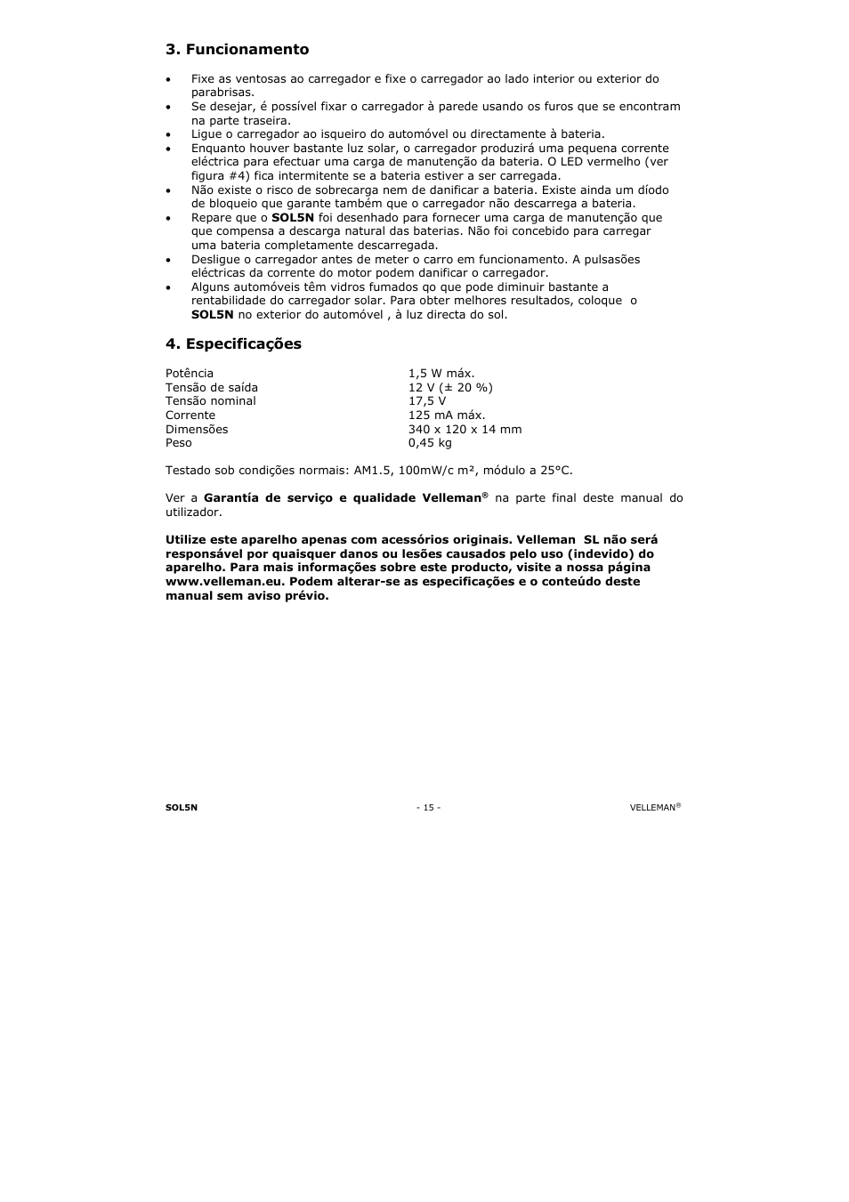 Funcionamento, Especificações | Velleman SOL5N User Manual | Page 15 / 18