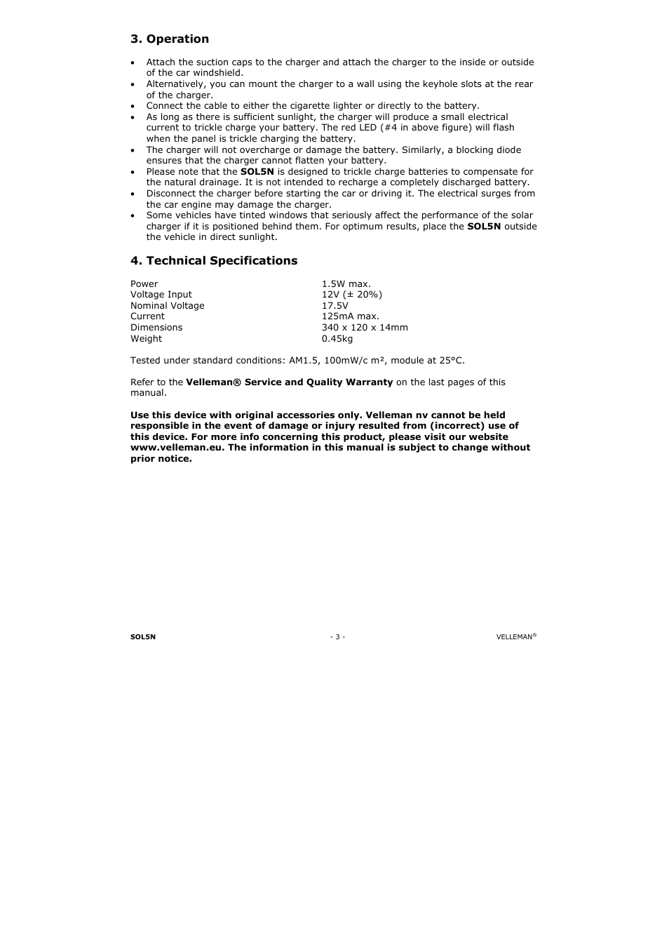 Operation, Technical specifications | Velleman SOL5N User Manual | Page 3 / 18