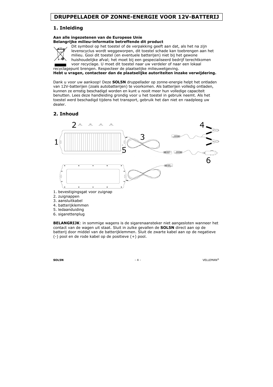 Druppellader op zonne-energie voor 12v-batterij, Inleiding, Inhoud | Velleman SOL5N User Manual | Page 4 / 18