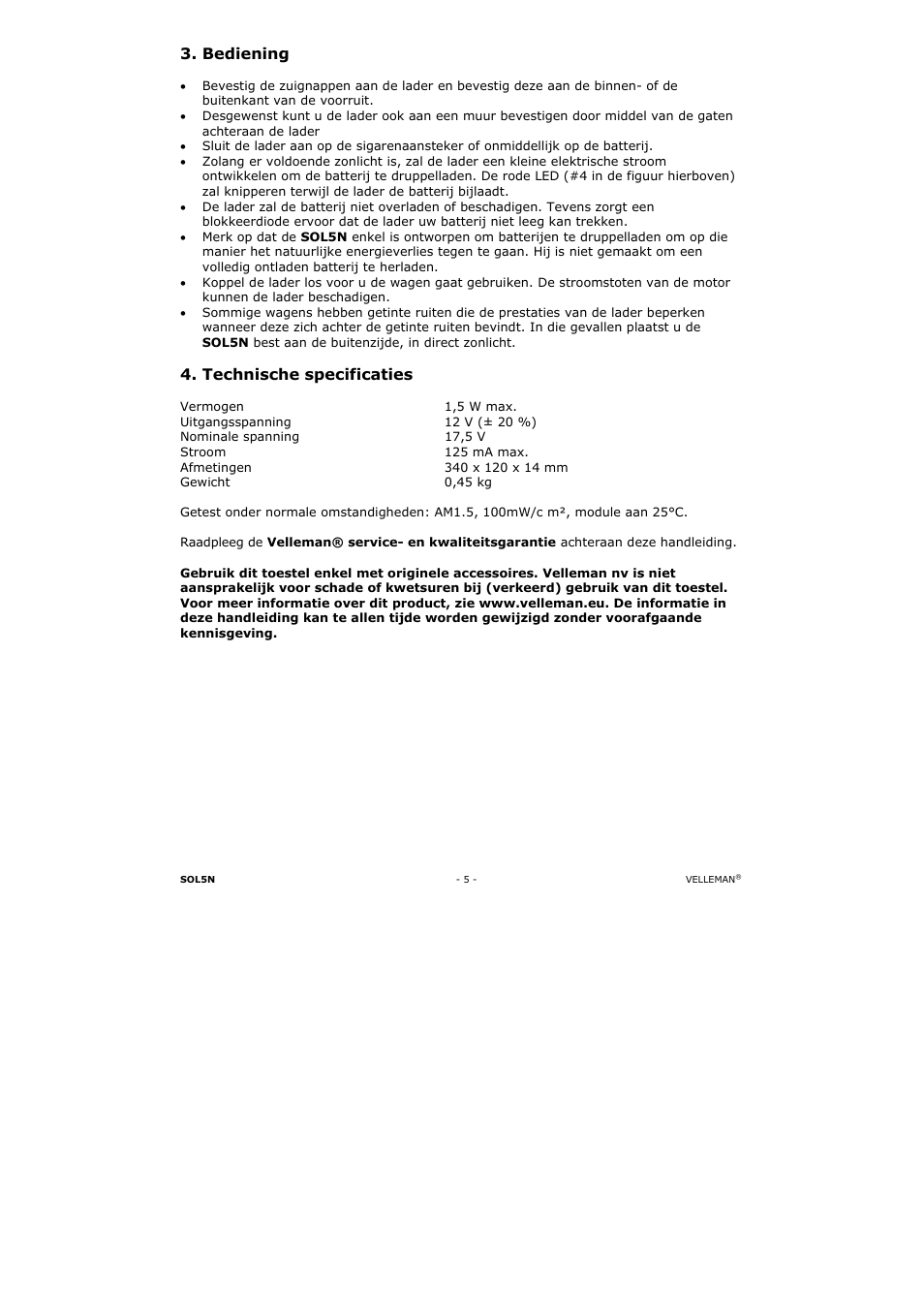 Bediening, Technische specificaties | Velleman SOL5N User Manual | Page 5 / 18
