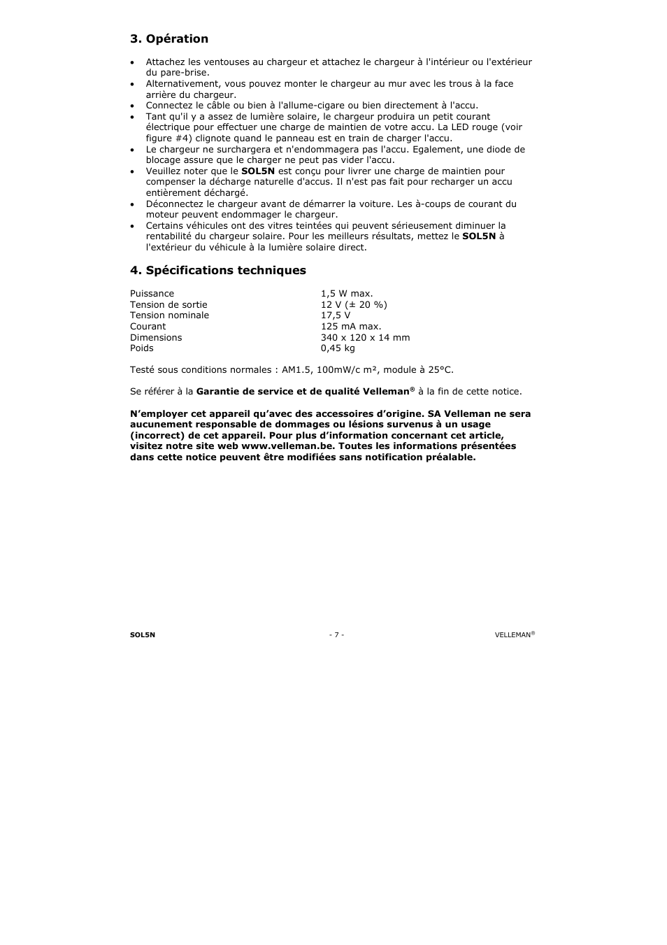 Opération, Spécifications techniques | Velleman SOL5N User Manual | Page 7 / 18