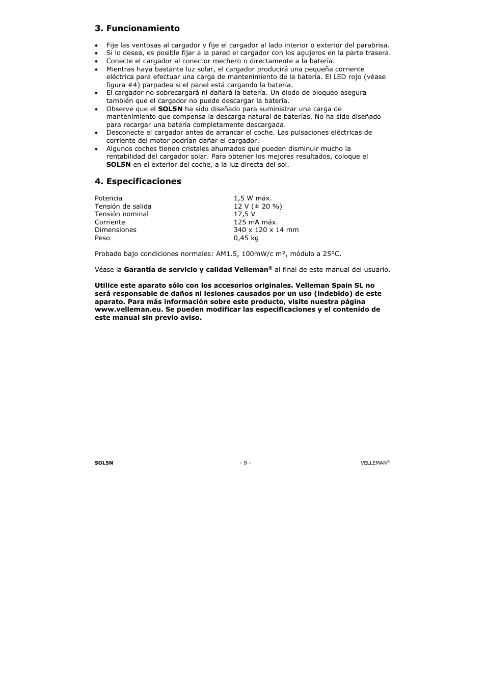 Funcionamiento, Especificaciones | Velleman SOL5N User Manual | Page 9 / 18