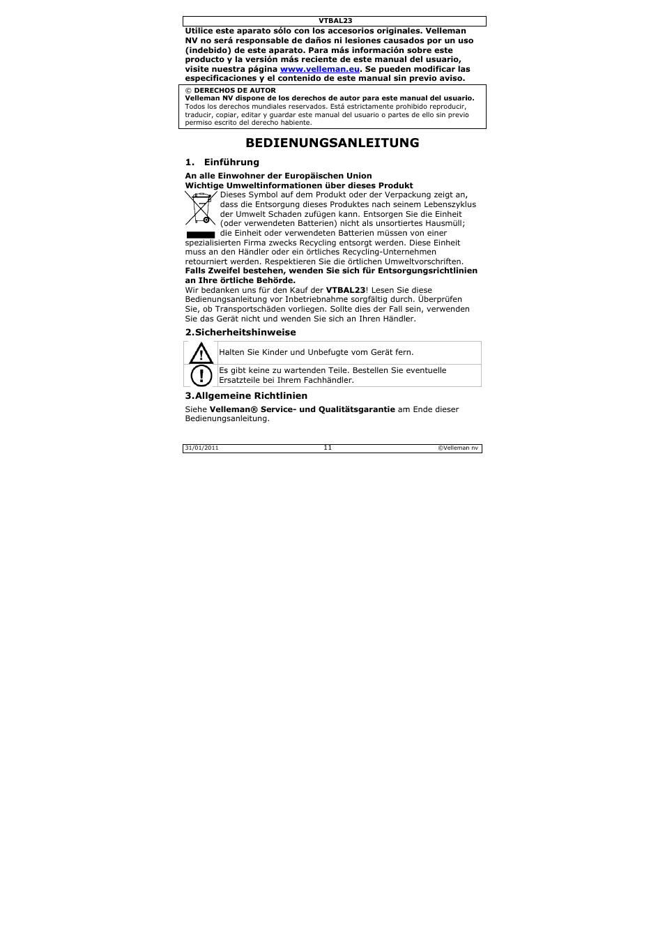 Bedie, Enungsa, Anleitun | Velleman VTBAL23 User Manual | Page 11 / 16