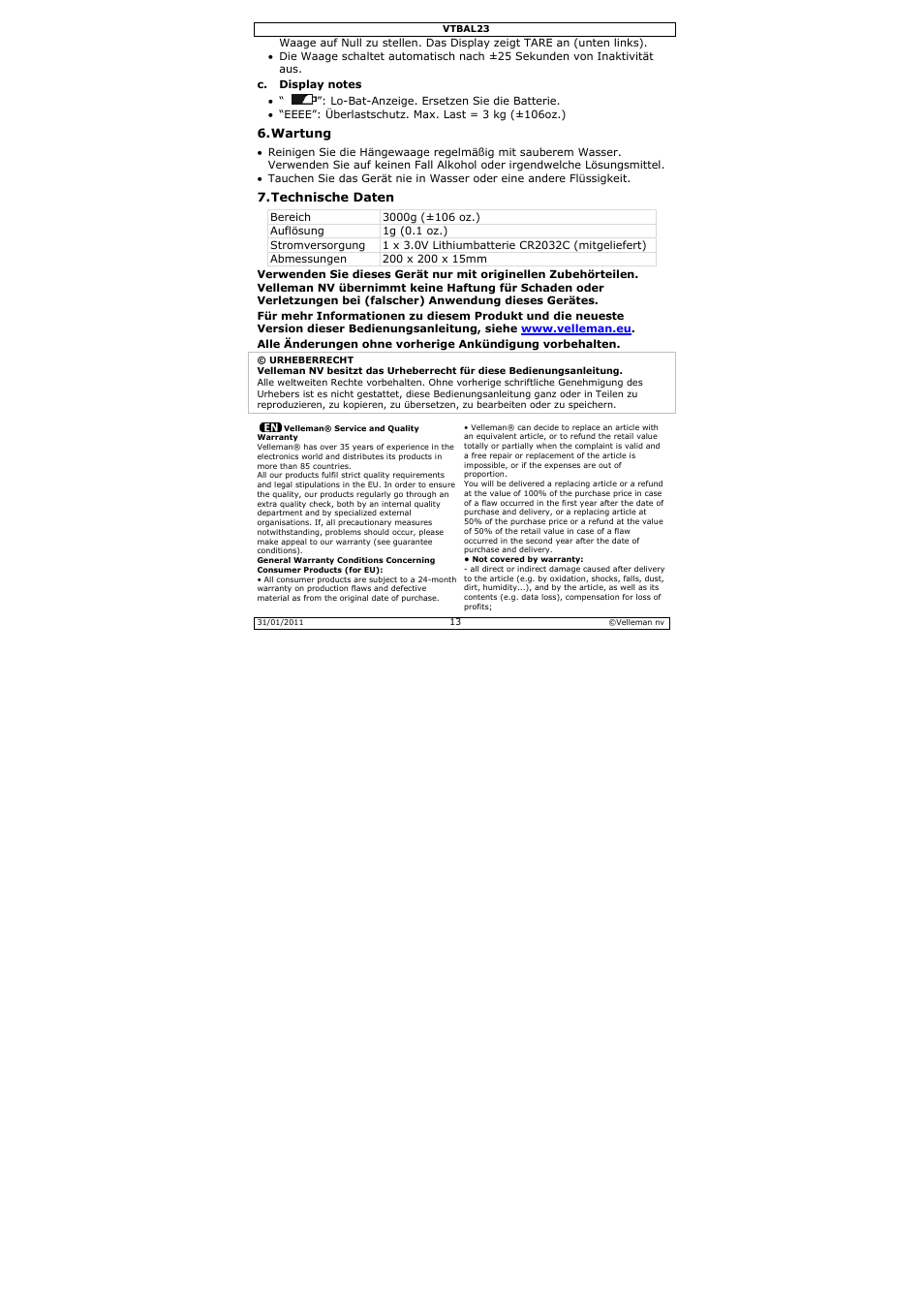 Velleman VTBAL23 User Manual | Page 13 / 16