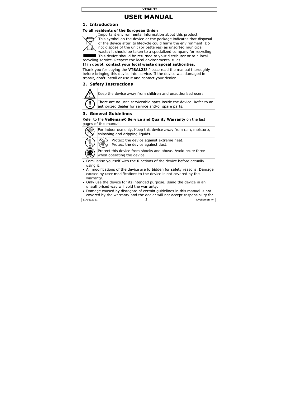 User ma, Nual | Velleman VTBAL23 User Manual | Page 2 / 16