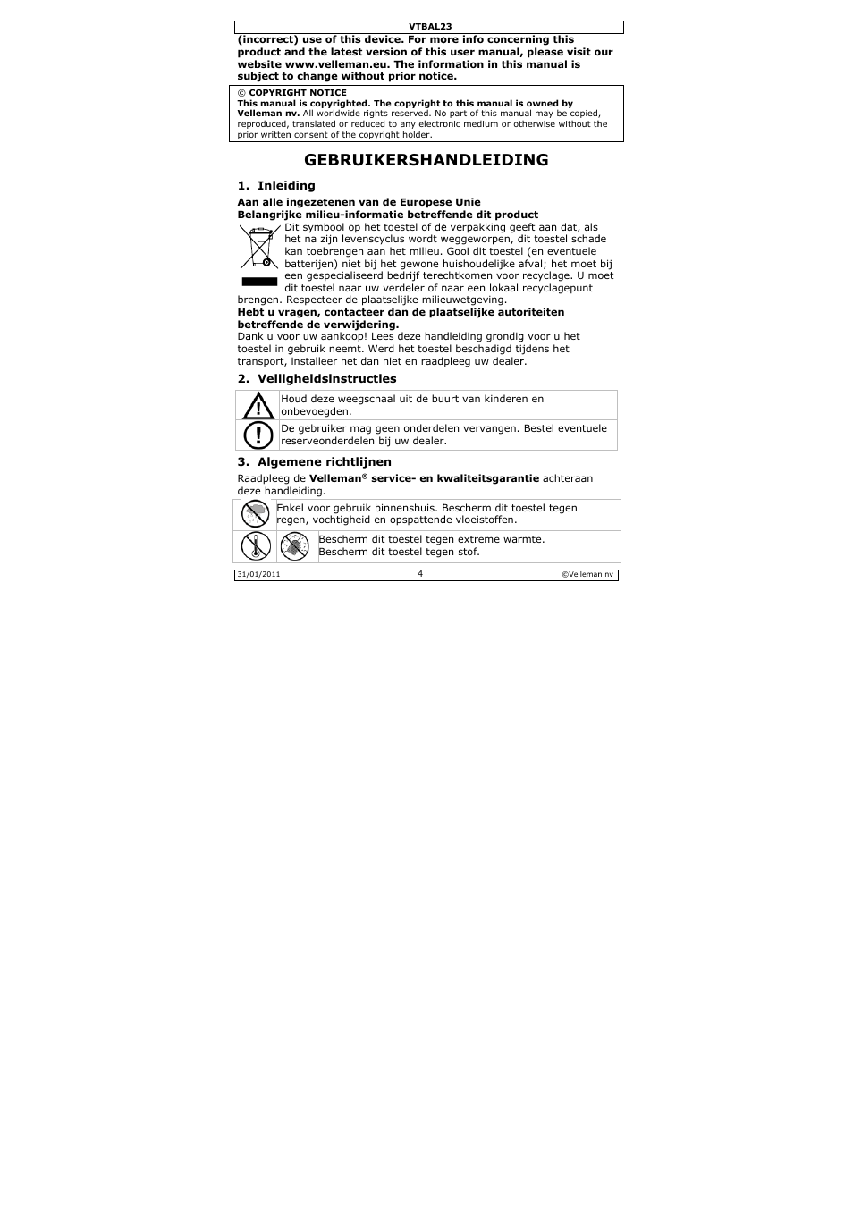 Gebrui, Ikersha, Andleidi | Velleman VTBAL23 User Manual | Page 4 / 16