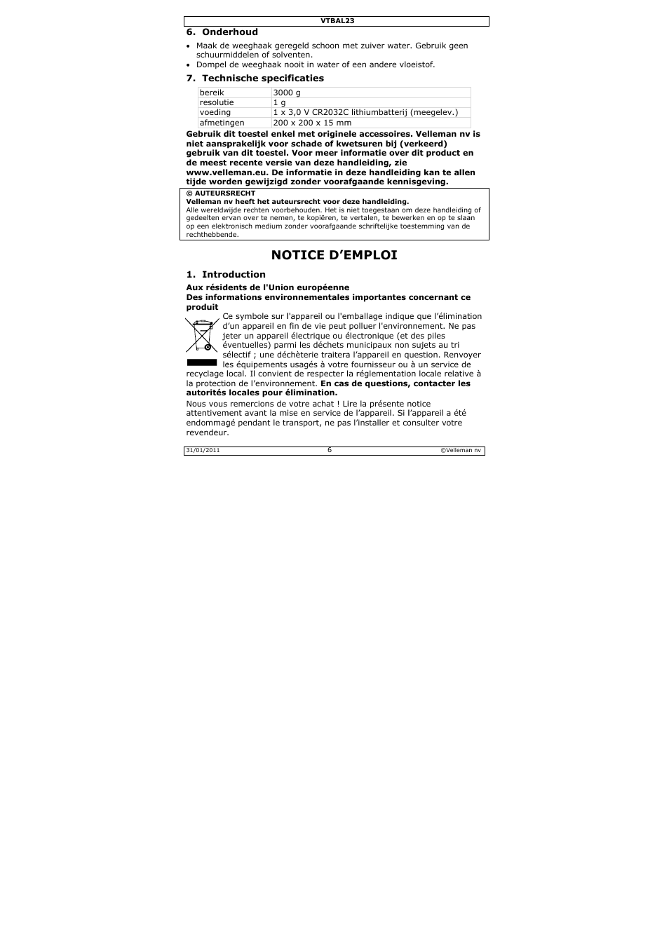 Otice d’e, Emploi | Velleman VTBAL23 User Manual | Page 6 / 16