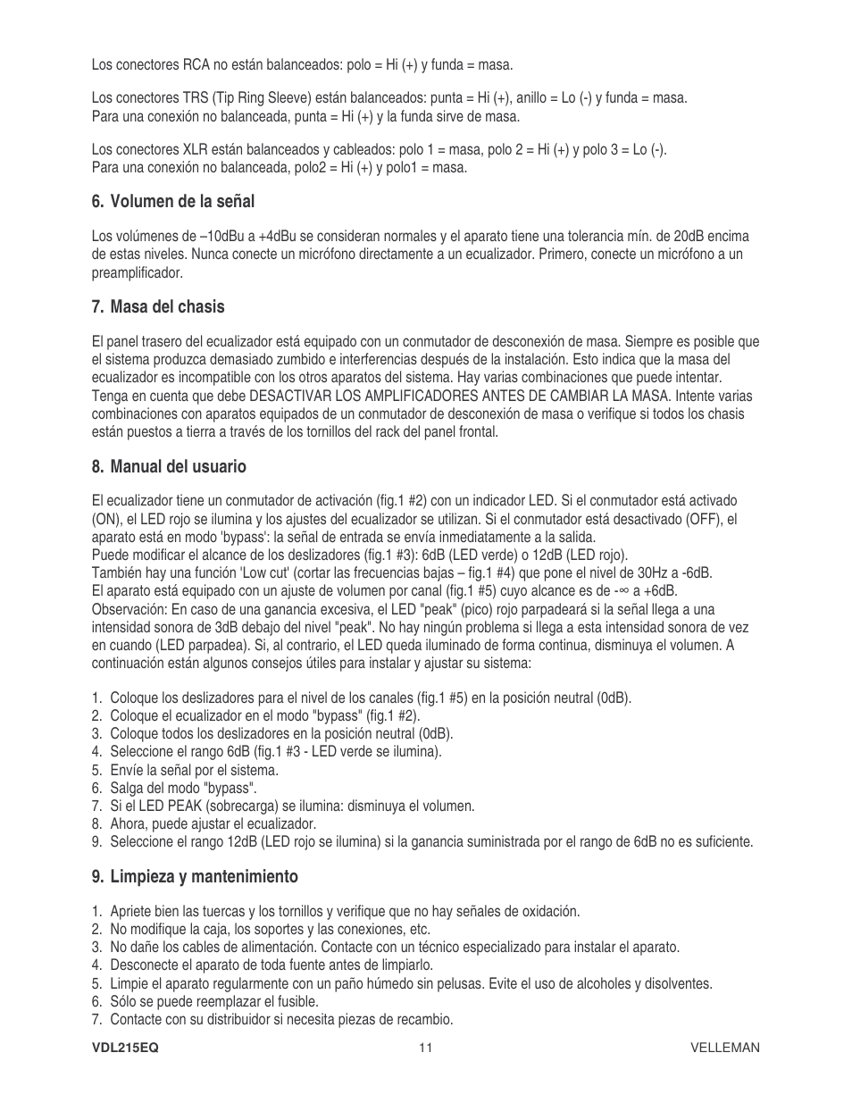 Volumen de la señal, Masa del chasis, Manual del usuario | Limpieza y mantenimiento | Velleman VDL215EQ2 User Manual | Page 11 / 15