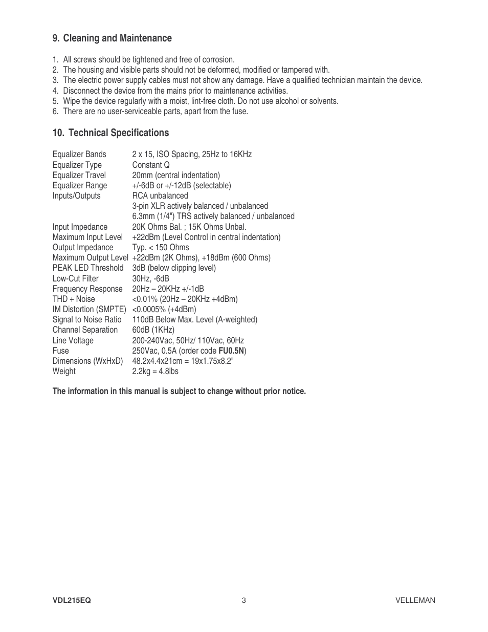 Velleman VDL215EQ2 User Manual | Page 3 / 15