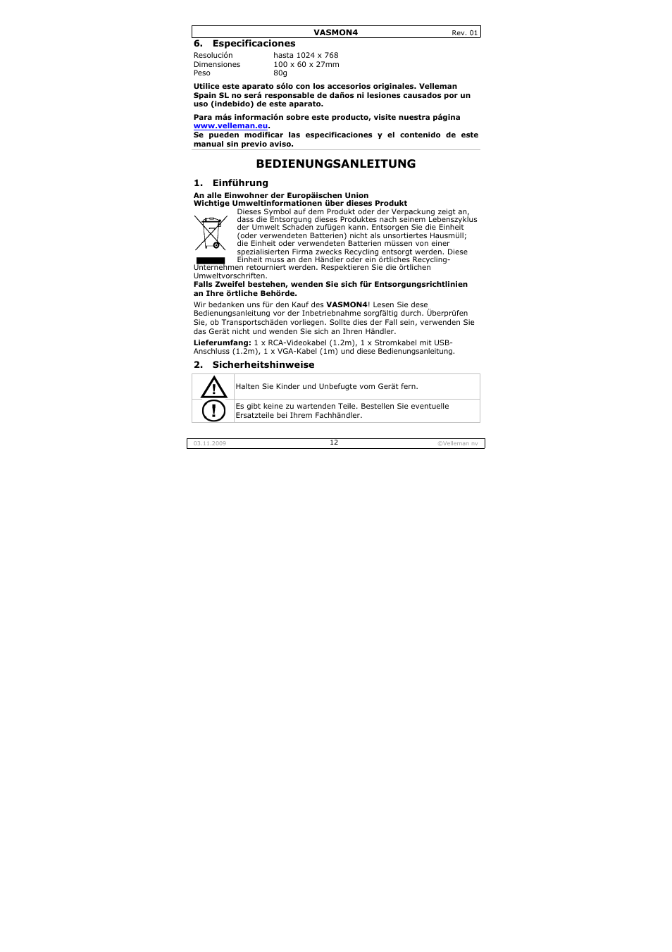 Bedie, Enungsa, Nleitung | Velleman VASMON4 User Manual | Page 12 / 18