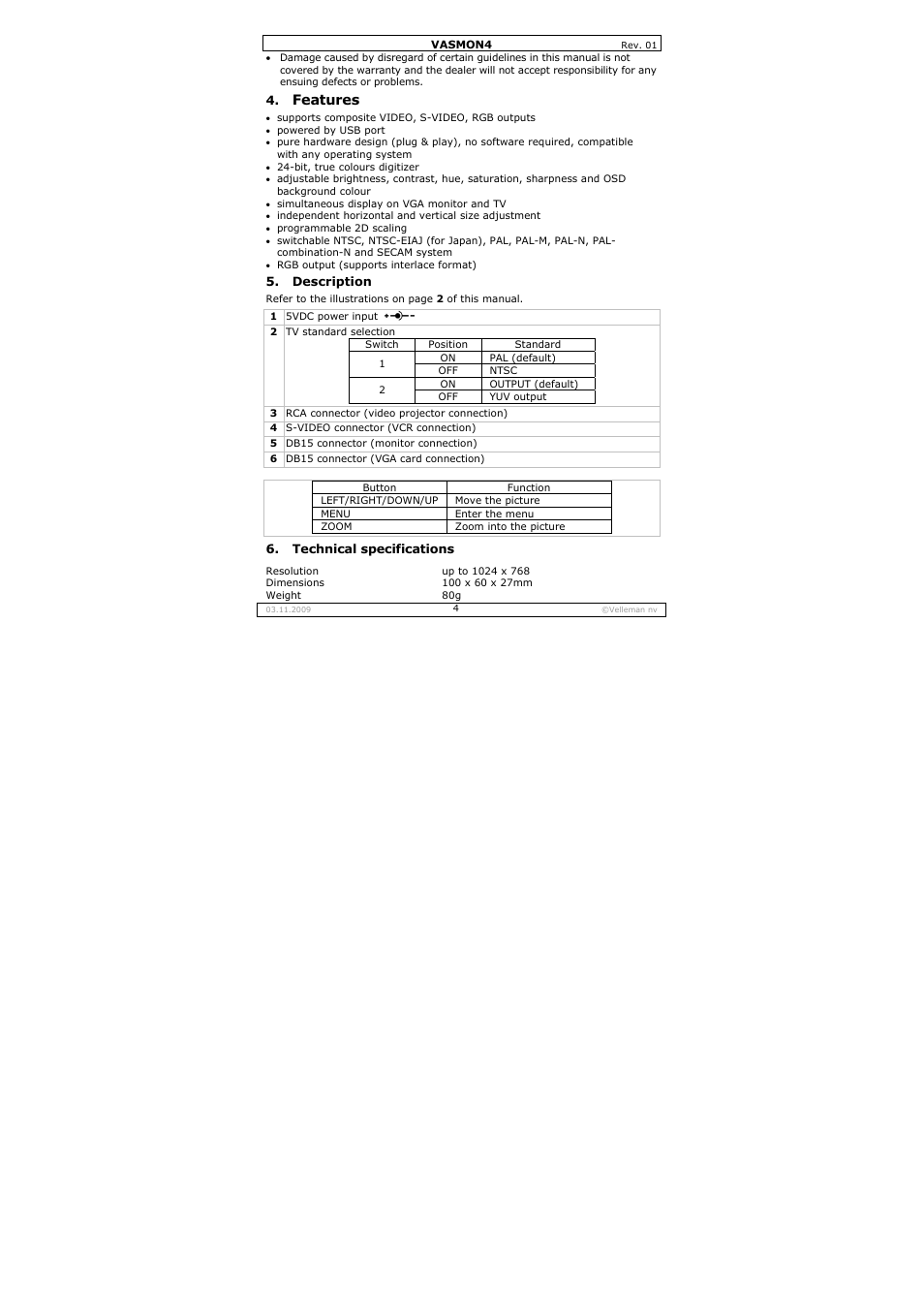 Features | Velleman VASMON4 User Manual | Page 4 / 18