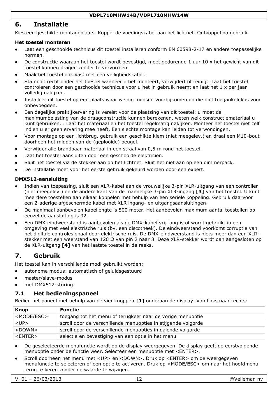 Installatie, Het toestel monteren, Dmx512-aansluiting | Gebruik, 1 het bedieningspaneel | Velleman VDPL710MHW14x User Manual | Page 12 / 40