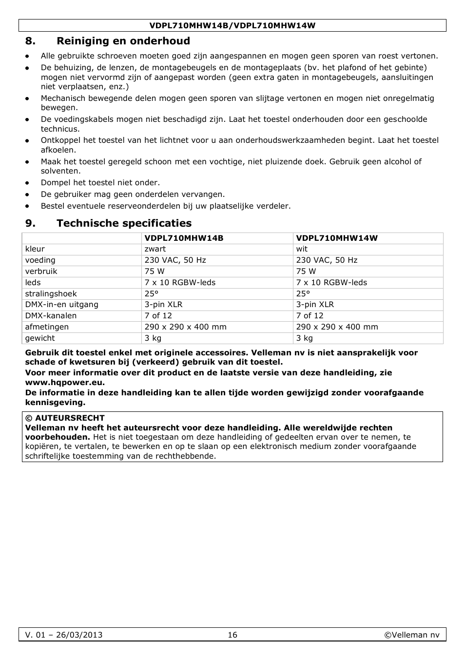 Reiniging en onderhoud, Technische specificaties | Velleman VDPL710MHW14x User Manual | Page 16 / 40