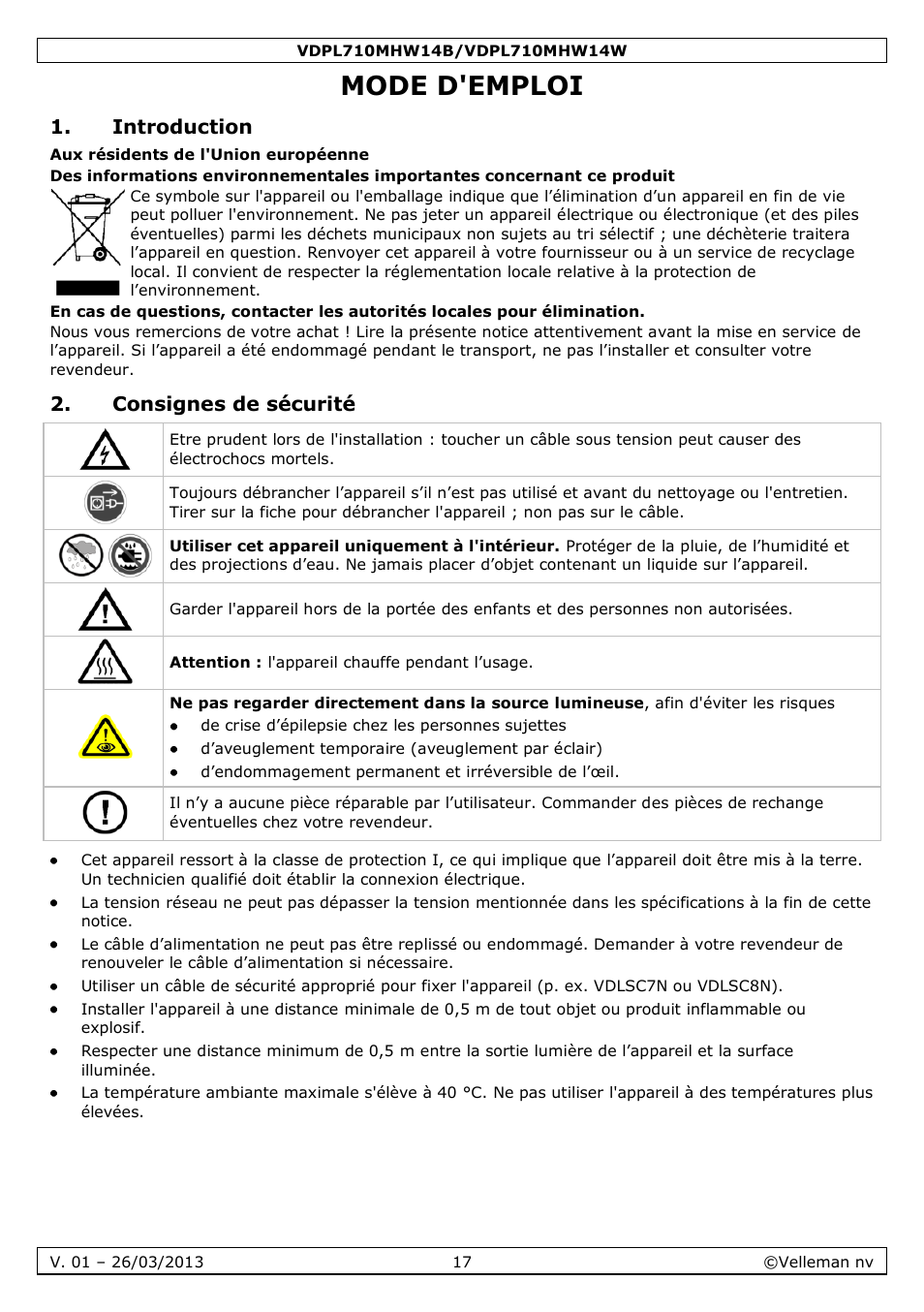 Mode d'emploi, Introduction, Consignes de sécurité | Velleman VDPL710MHW14x User Manual | Page 17 / 40