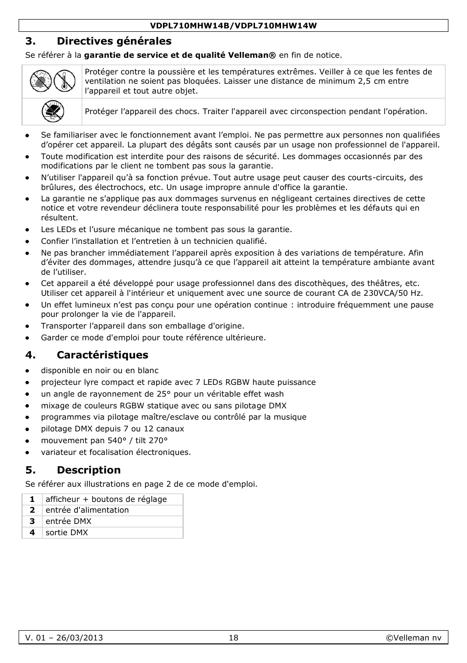 Directives générales, Caractéristiques, Description | Velleman VDPL710MHW14x User Manual | Page 18 / 40