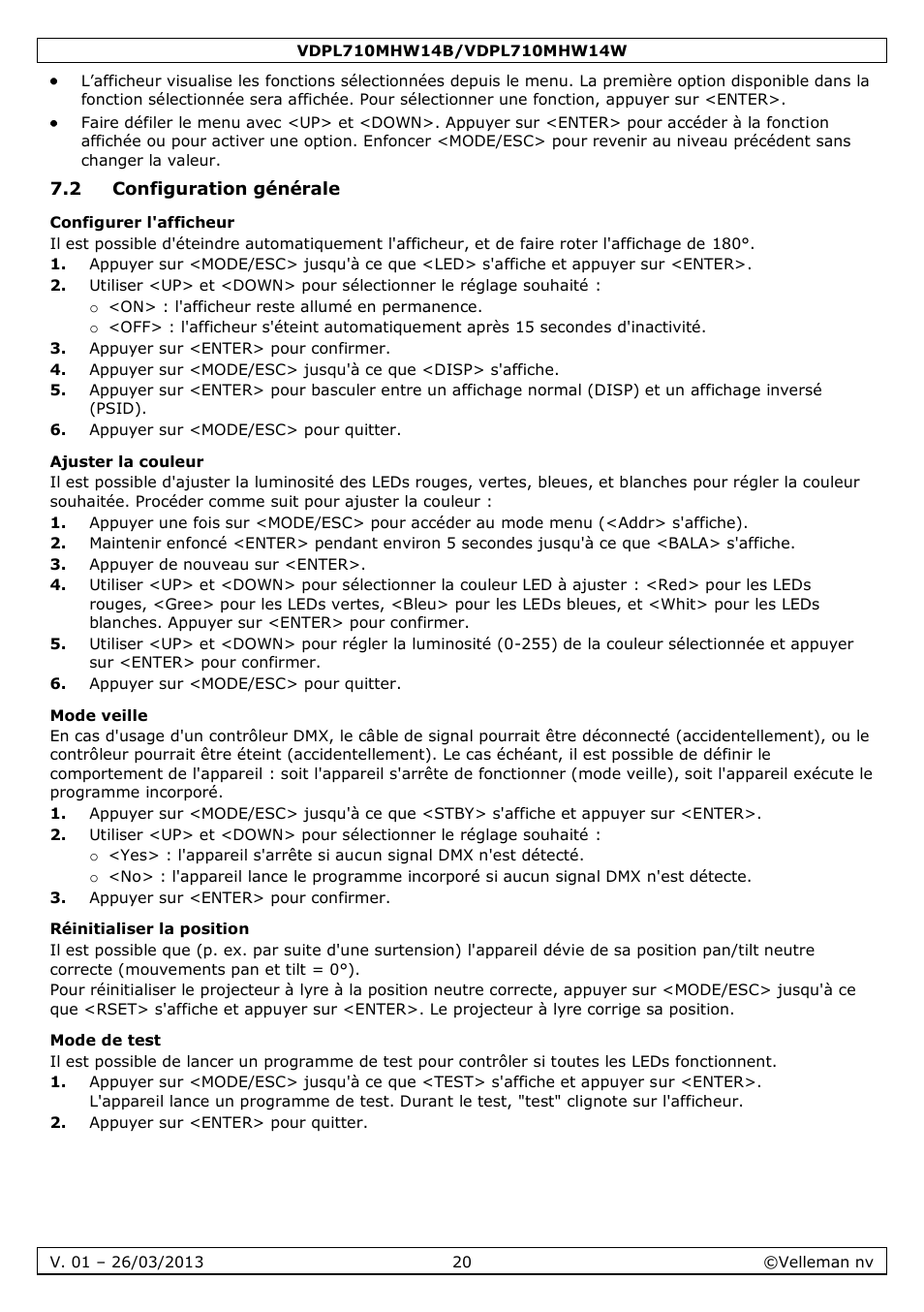 2 configuration générale, Configurer l'afficheur, Ajuster la couleur | Mode veille, Réinitialiser la position, Mode de test | Velleman VDPL710MHW14x User Manual | Page 20 / 40