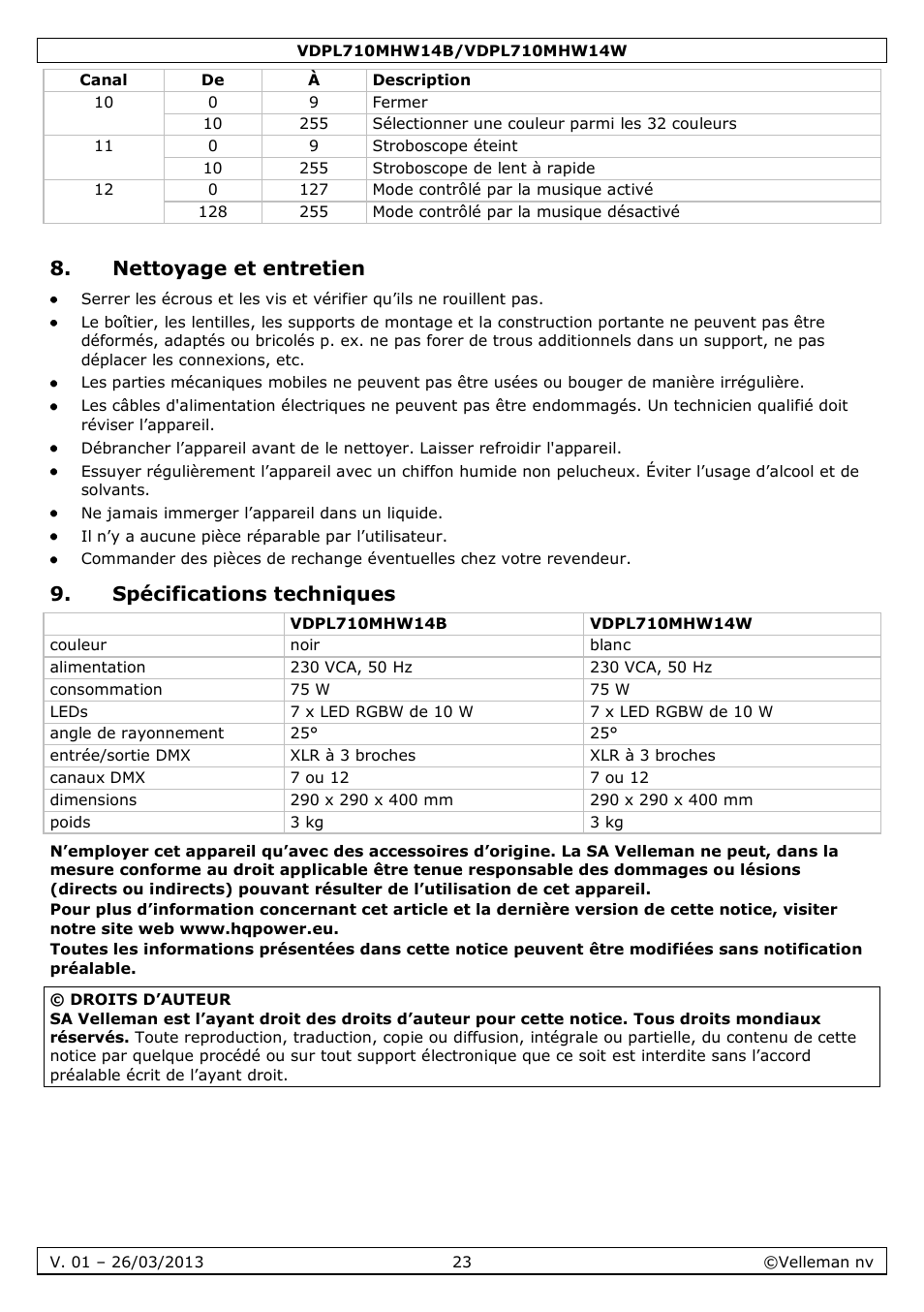 Nettoyage et entretien, Spécifications techniques | Velleman VDPL710MHW14x User Manual | Page 23 / 40