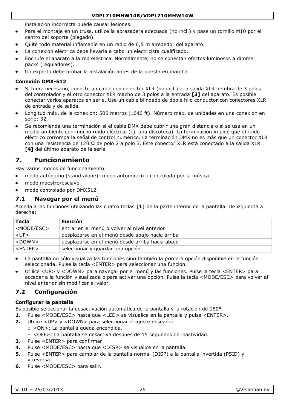 Conexión dmx-512, Funcionamiento, 1 navegar por el menú | 2 configuración, Configurar la pantalla | Velleman VDPL710MHW14x User Manual | Page 26 / 40