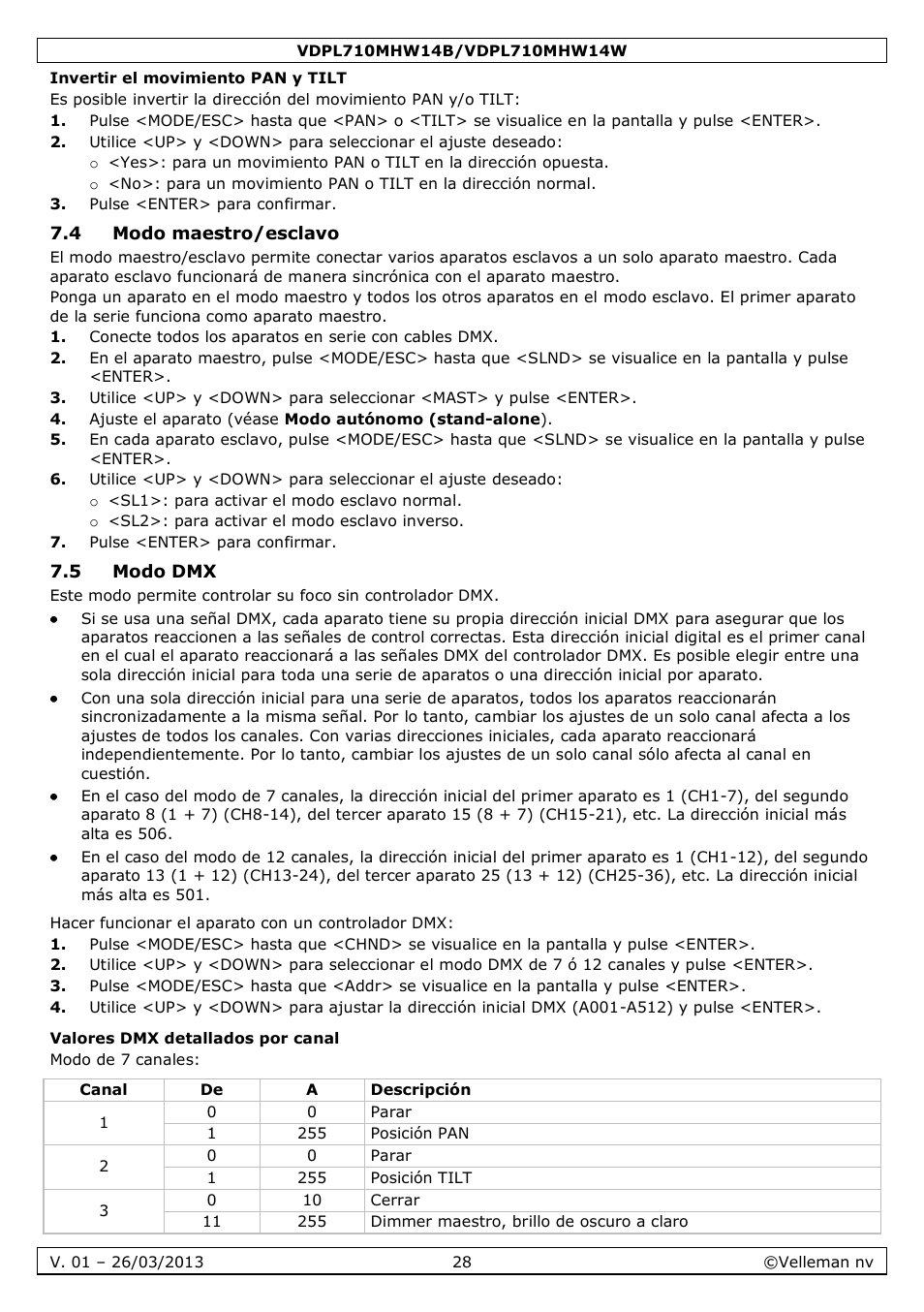 Invertir el movimiento pan y tilt, 4 modo maestro/esclavo, 5 modo dmx | Valores dmx detallados por canal | Velleman VDPL710MHW14x User Manual | Page 28 / 40