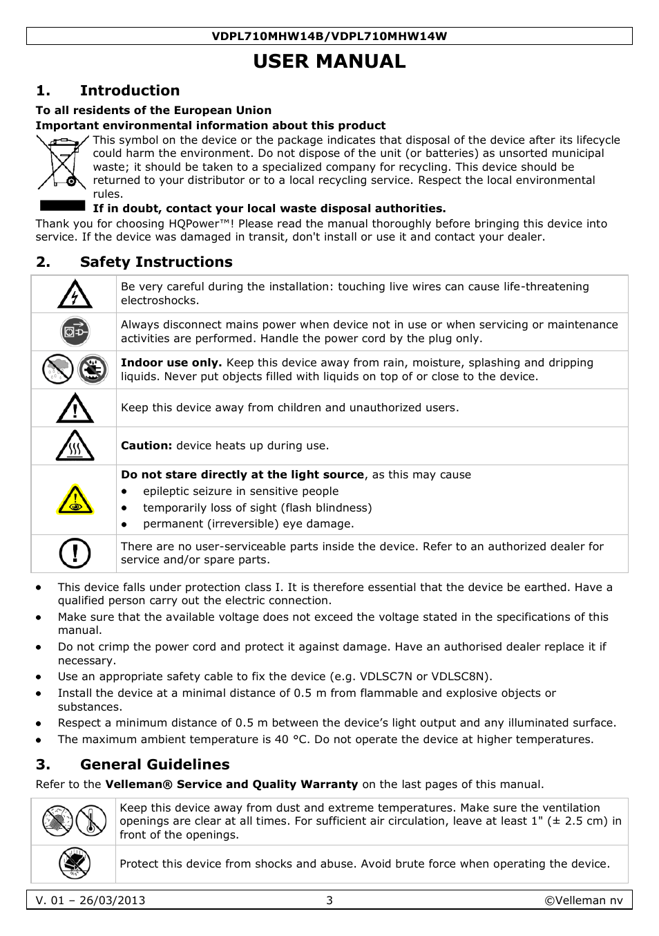 User manual, Introduction, Safety instructions | General guidelines | Velleman VDPL710MHW14x User Manual | Page 3 / 40