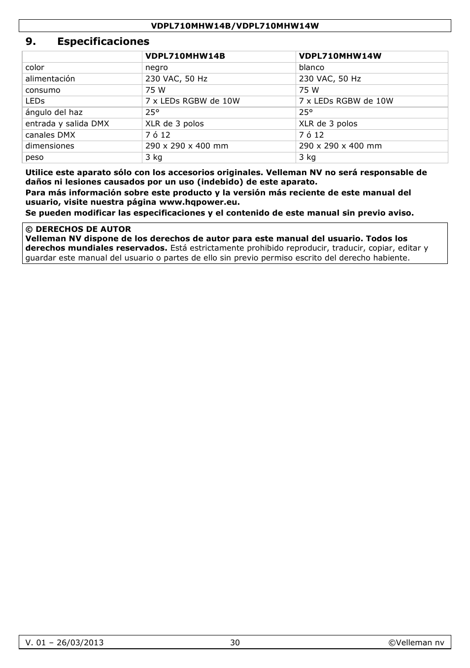 Especificaciones | Velleman VDPL710MHW14x User Manual | Page 30 / 40