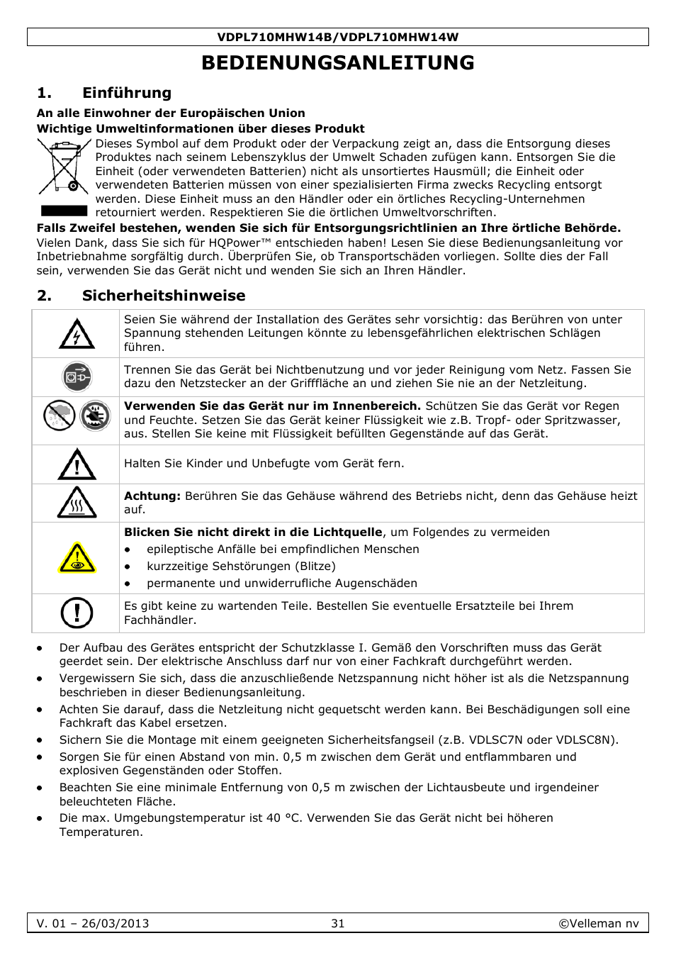 Bedienungsanleitung, Einführung, Sicherheitshinweise | Velleman VDPL710MHW14x User Manual | Page 31 / 40