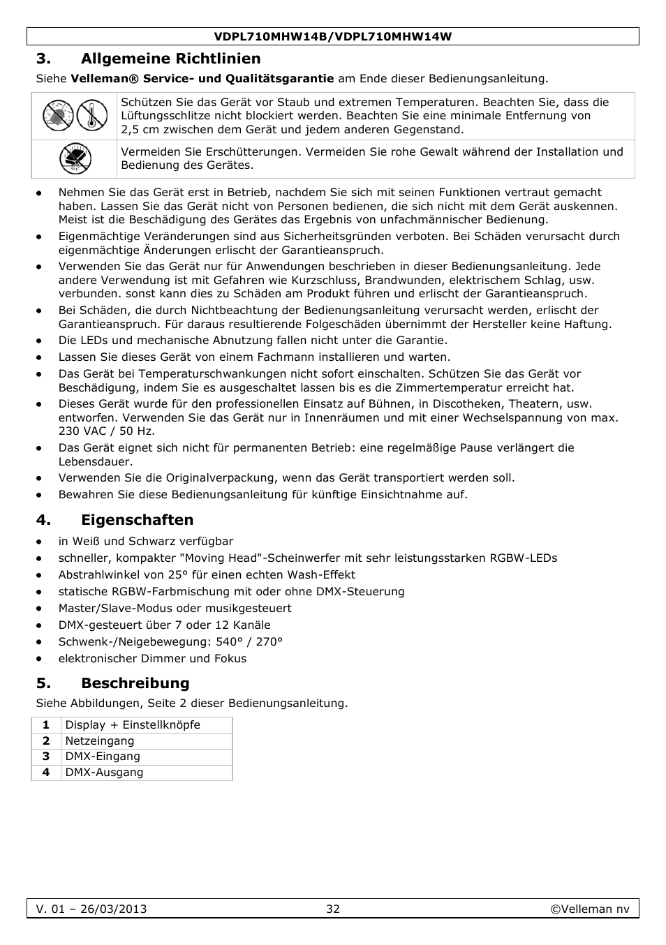 Allgemeine richtlinien, Eigenschaften, Beschreibung | Velleman VDPL710MHW14x User Manual | Page 32 / 40