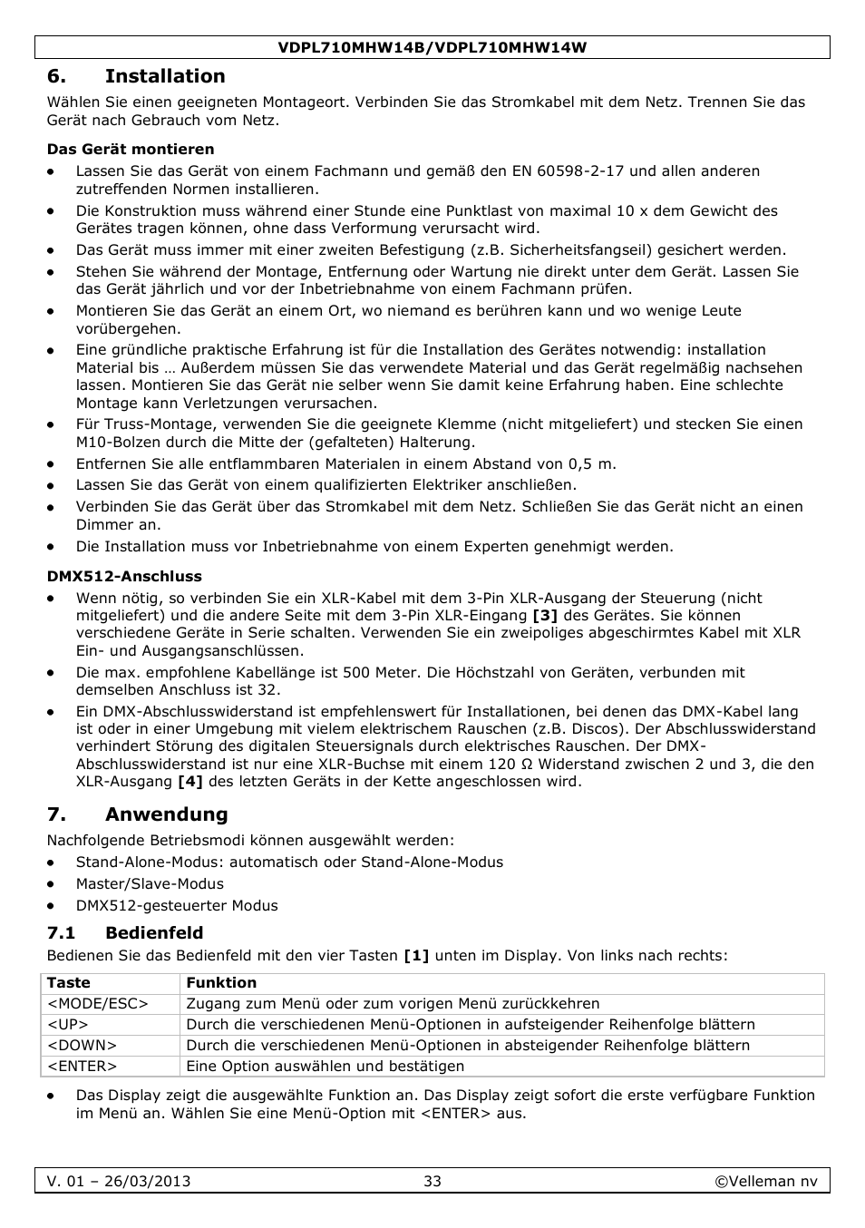 Installation, Das gerät montieren, Dmx512-anschluss | Anwendung, 1 bedienfeld | Velleman VDPL710MHW14x User Manual | Page 33 / 40