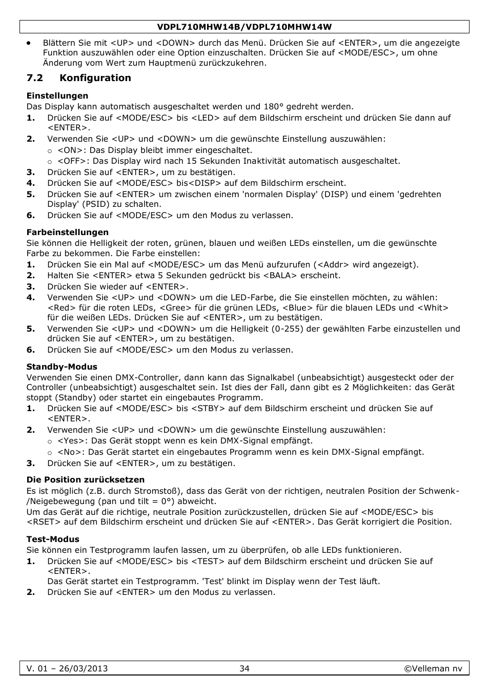 2 konfiguration, Einstellungen, Farbeinstellungen | Standby-modus, Die position zurücksetzen, Test-modus | Velleman VDPL710MHW14x User Manual | Page 34 / 40